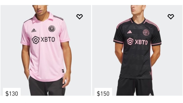 View of Inter Miami CF's black and pink adidas jerseys.
